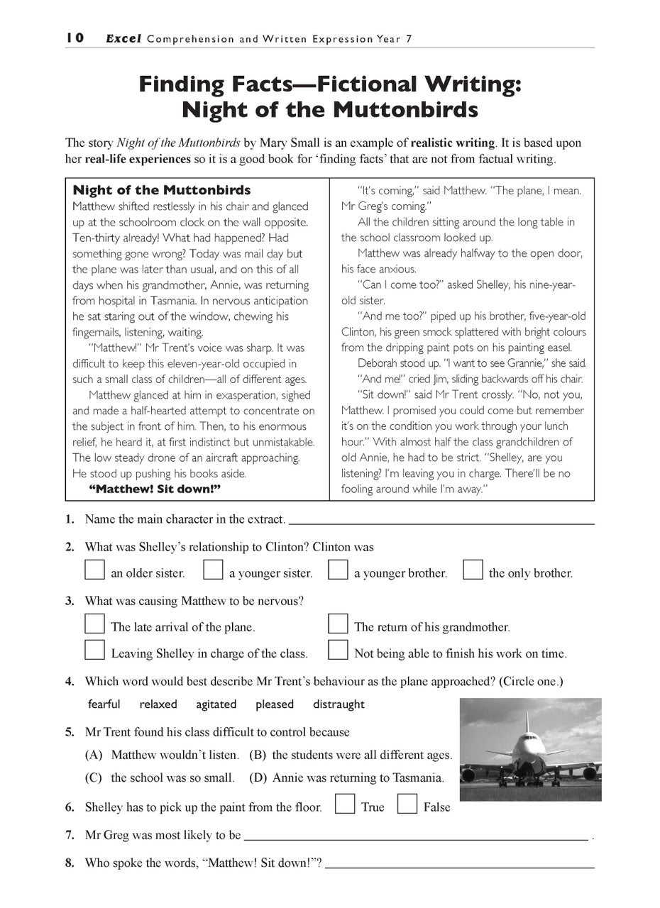 Sample interior page from the Excel Basic Skills Comprehension and Written Expression Year 7 workbook as shown in the Pascal Press gallery