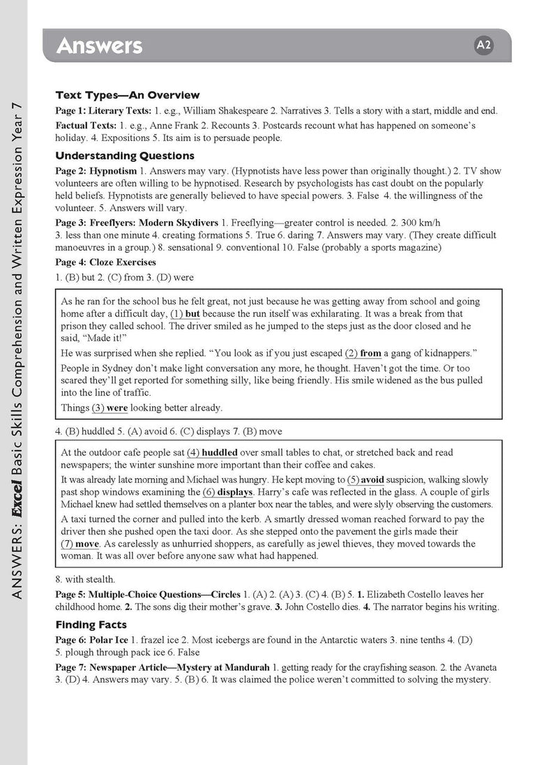 Sample interior page from the Excel Basic Skills Comprehension and Written Expression Year 7 workbook as shown in the Pascal Press gallery