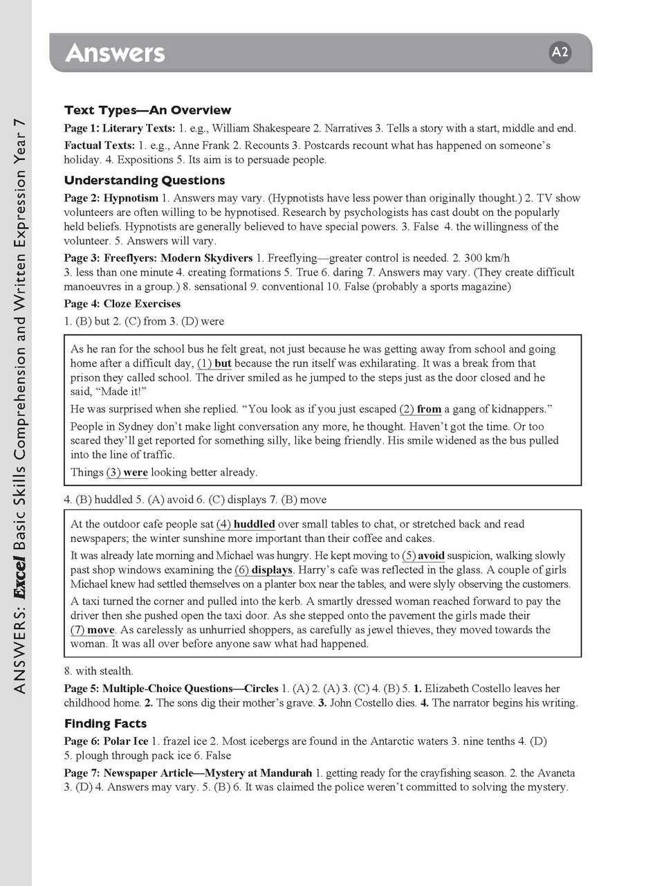 Sample interior page from the Excel Basic Skills Comprehension and Written Expression Year 7 workbook as shown in the Pascal Press gallery