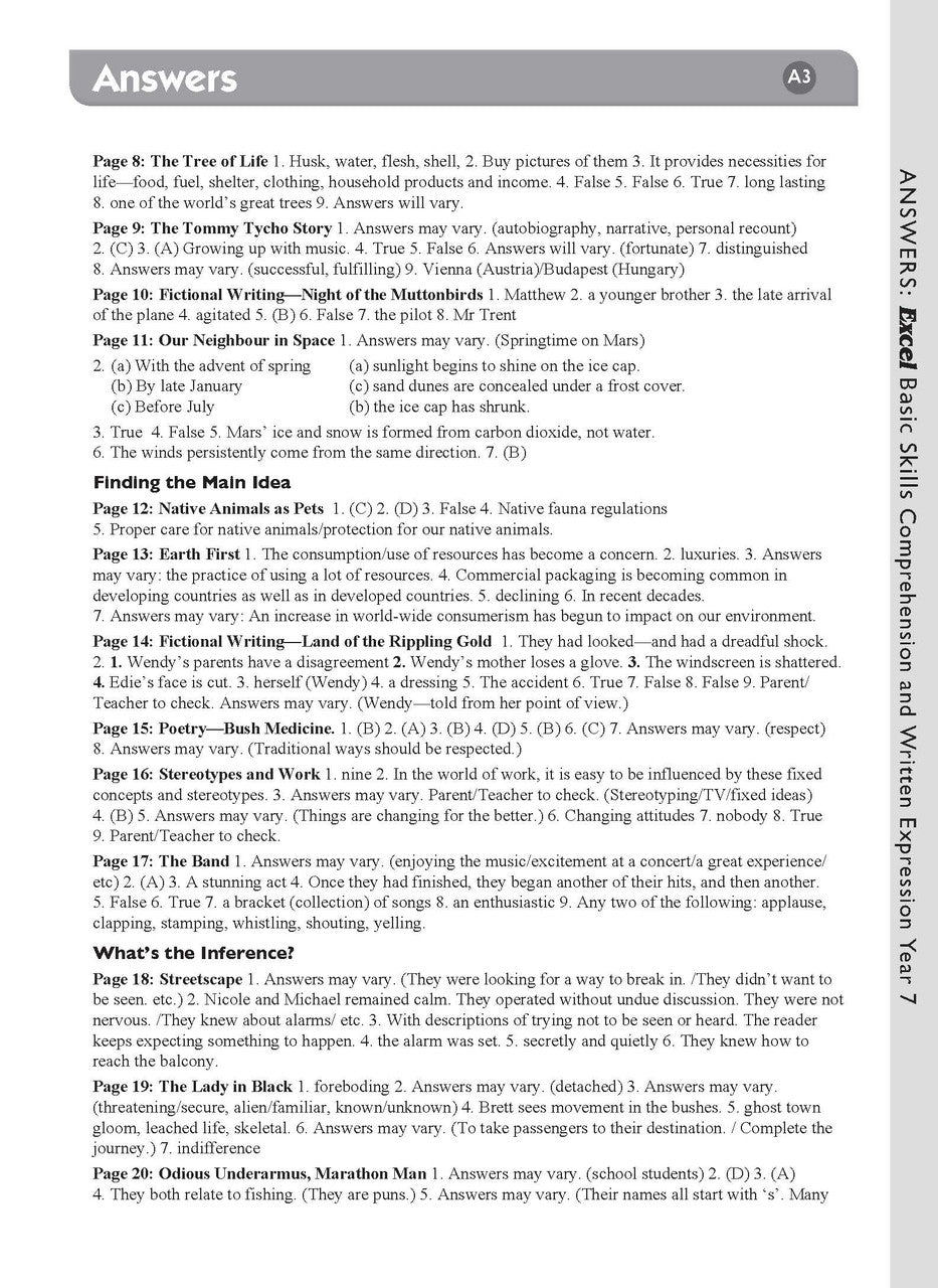 Sample interior page from the Excel Basic Skills Comprehension and Written Expression Year 7 workbook as shown in the Pascal Press gallery