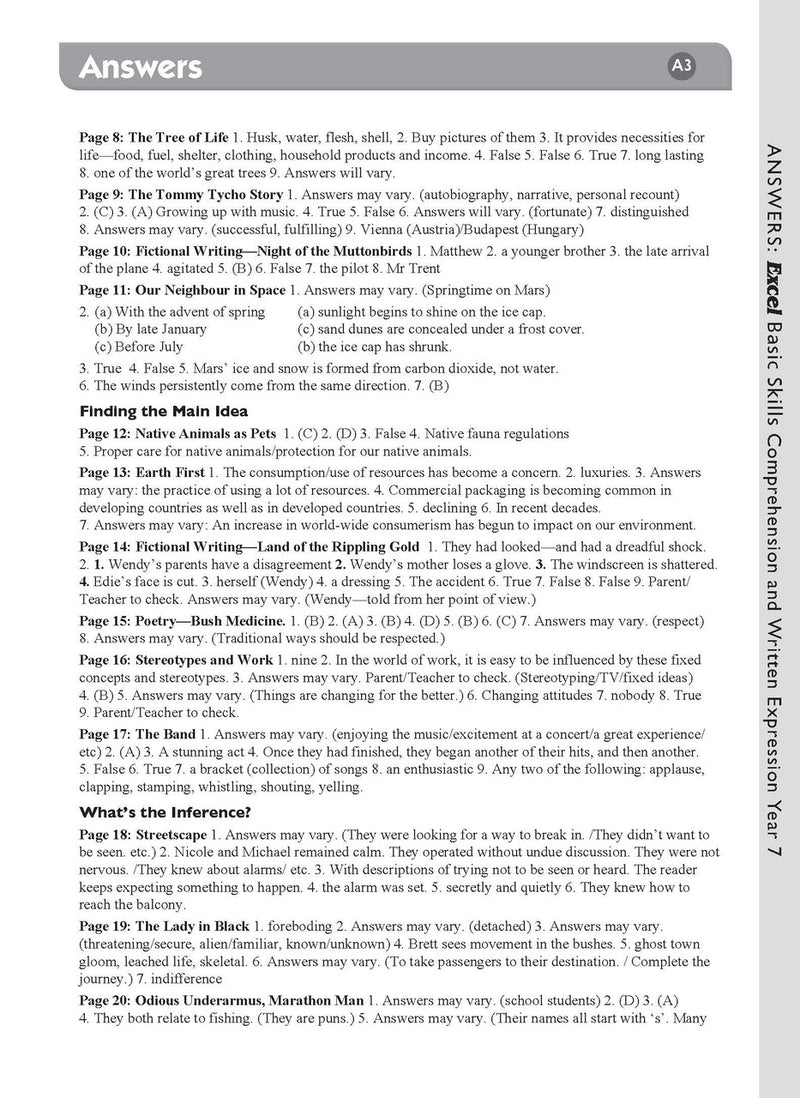Sample interior page from the Excel Basic Skills Comprehension and Written Expression Year 7 workbook as shown in the Pascal Press gallery