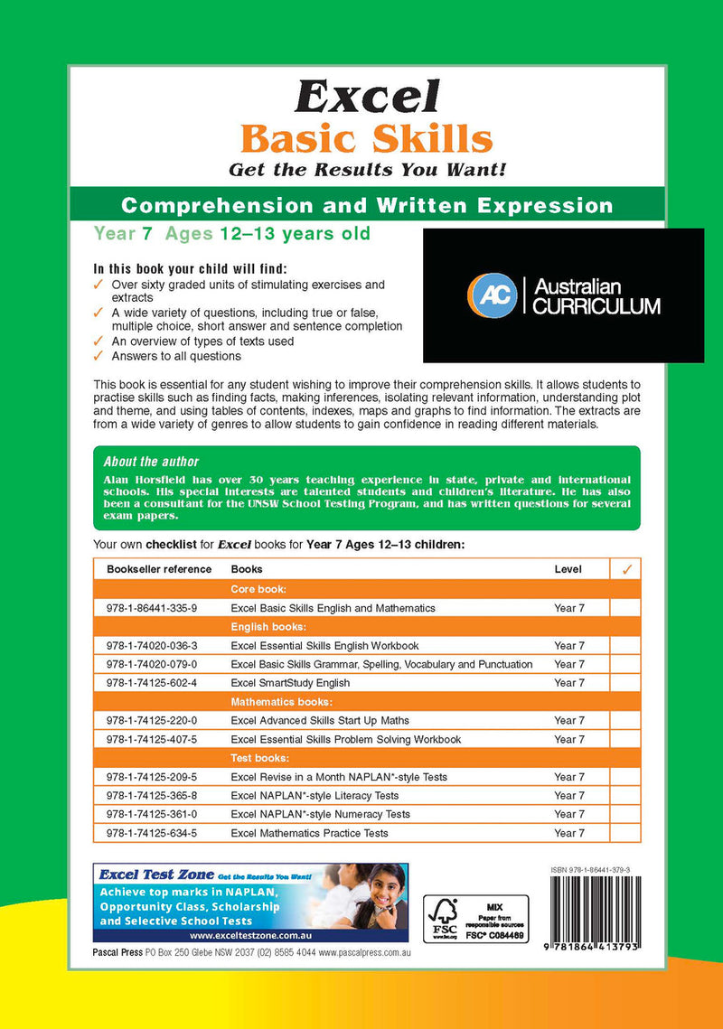 Further page image from the Pascal Press gallery for the Excel Basic Skills Comprehension and Written Expression Year 7 workbook, such as the back cover or extra sample page