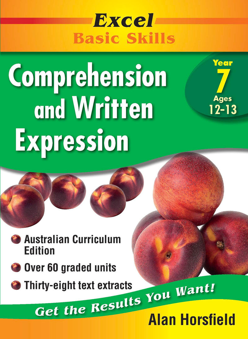 Front cover of the Excel Basic Skills Comprehension and Written Expression Year 7 workbook from Pascal Press, shown as the main product image