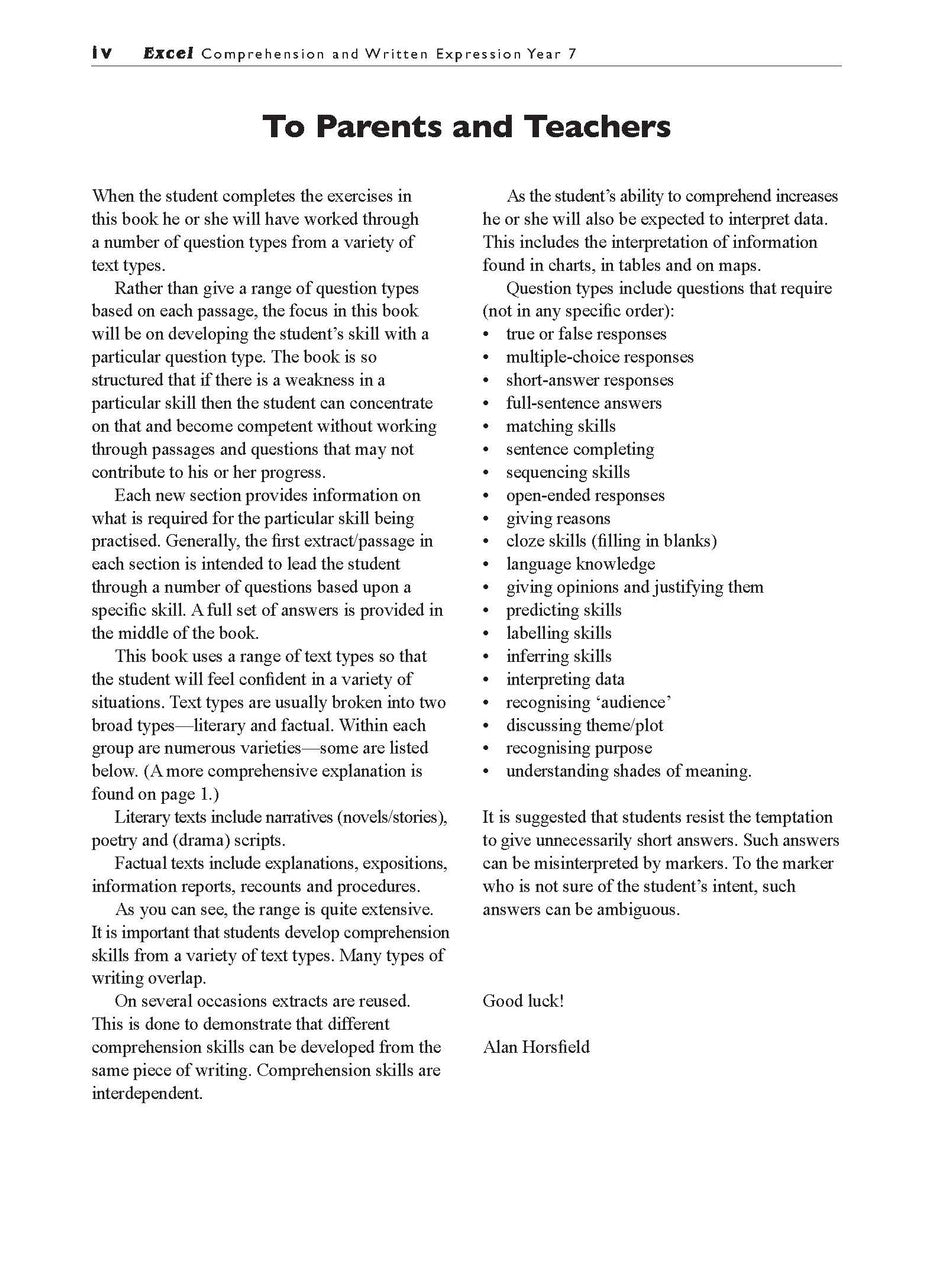 Sample interior page from the Excel Basic Skills Comprehension and Written Expression Year 7 workbook as shown in the Pascal Press gallery