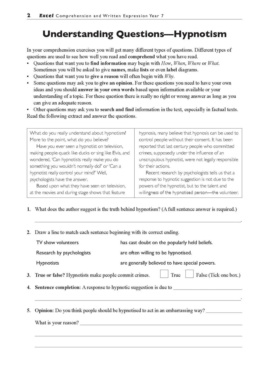 Sample interior page from the Excel Basic Skills Comprehension and Written Expression Year 7 workbook as shown in the Pascal Press gallery