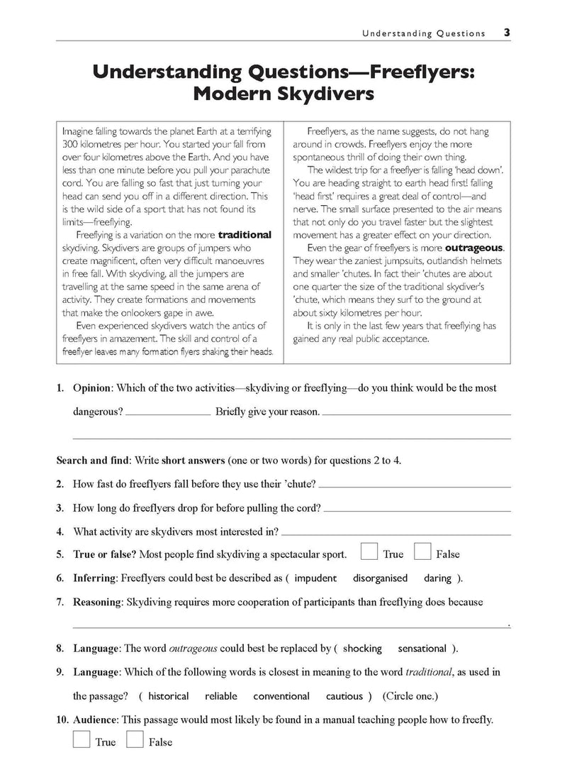 Sample interior page from the Excel Basic Skills Comprehension and Written Expression Year 7 workbook as shown in the Pascal Press gallery