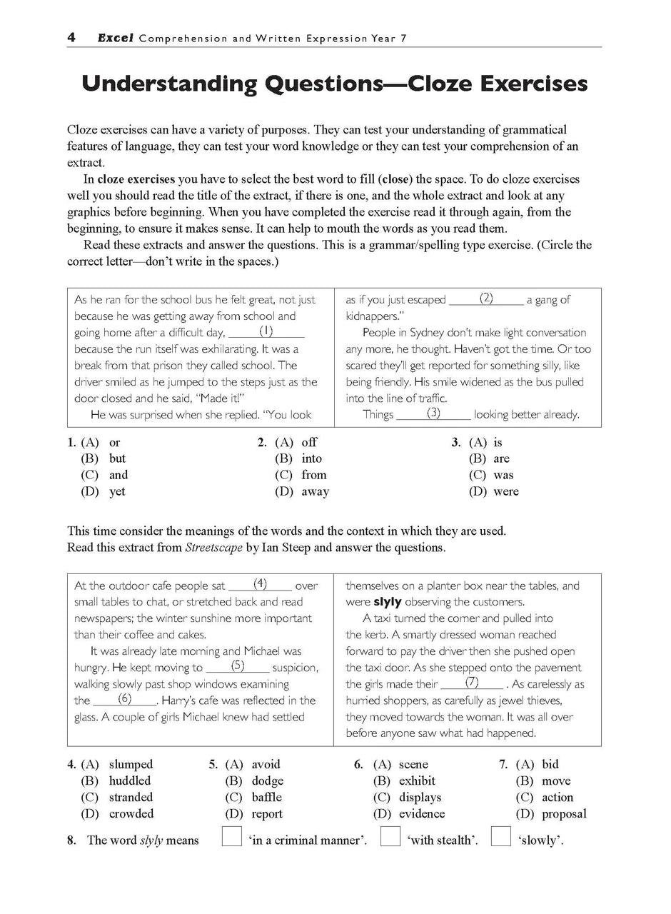 Sample interior page from the Excel Basic Skills Comprehension and Written Expression Year 7 workbook as shown in the Pascal Press gallery