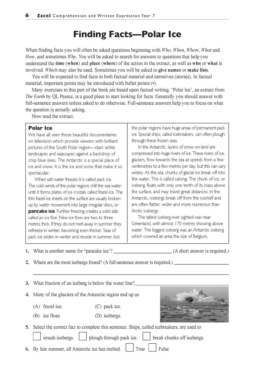 Sample interior page from the Excel Basic Skills Comprehension and Written Expression Year 7 workbook as shown in the Pascal Press gallery