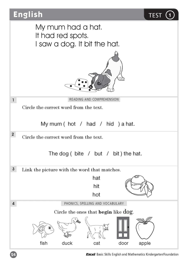 Sample inside page ten from Excel Basic Skills English and Mathematics Foundation showing the style of practice activities children work through