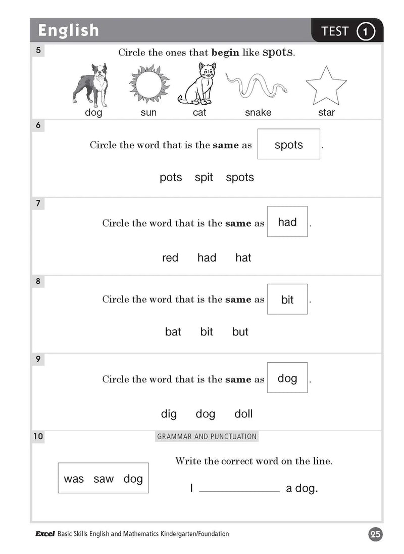 Sample inside page eleven from Excel Basic Skills English and Mathematics Foundation showing the style of practice activities children work through