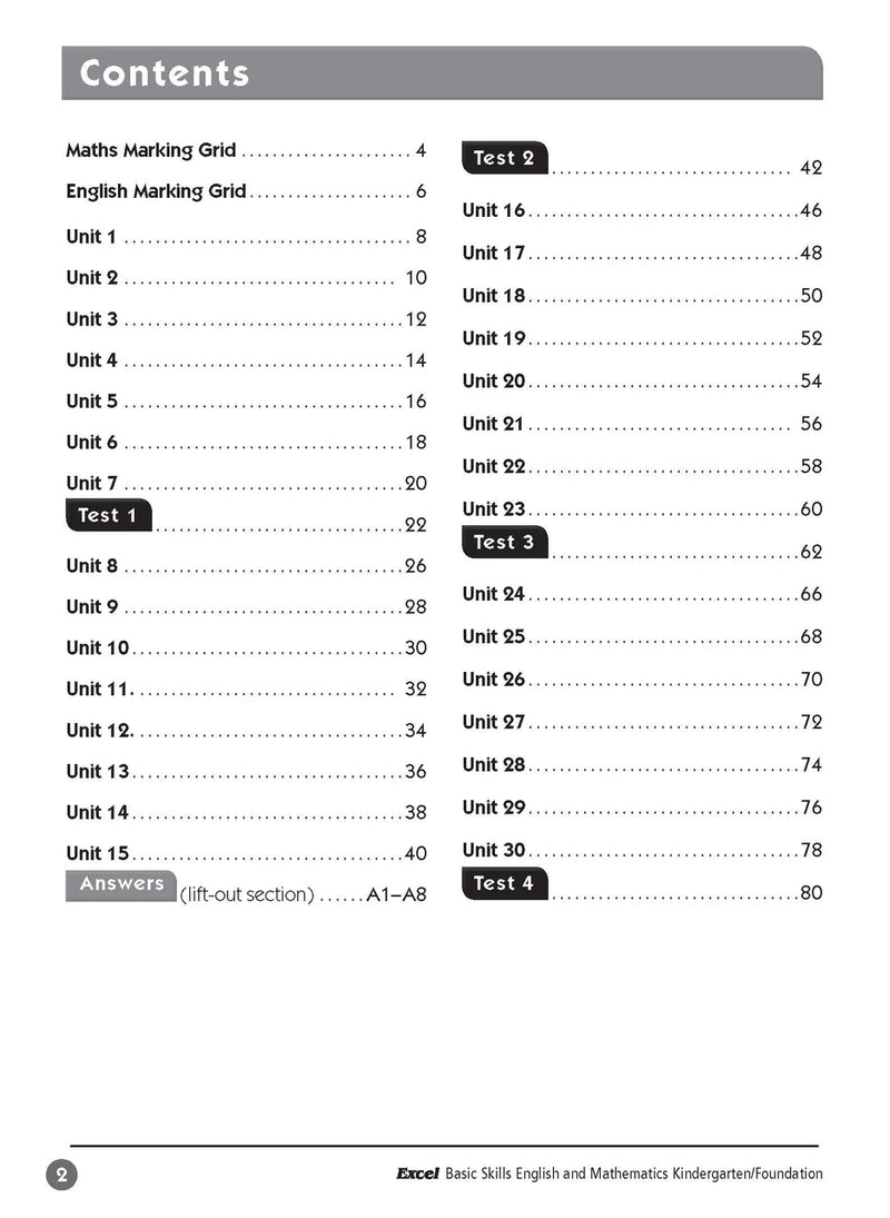 Sample inside page one from Excel Basic Skills English and Mathematics Foundation showing the style of practice activities children work through
