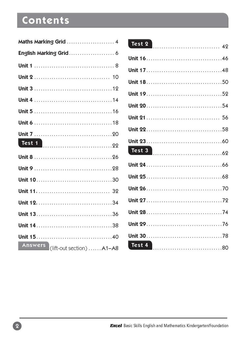 Sample inside page one from Excel Basic Skills English and Mathematics Foundation showing the style of practice activities children work through