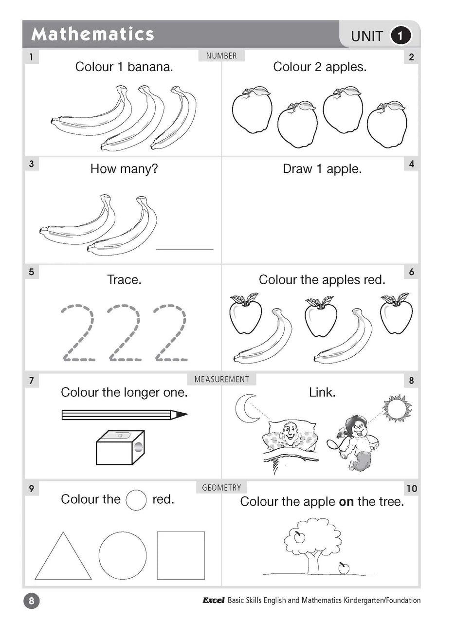 Sample inside page two from Excel Basic Skills English and Mathematics Foundation showing the style of practice activities children work through