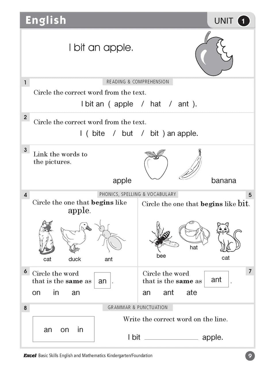Sample inside page three from Excel Basic Skills English and Mathematics Foundation showing the style of practice activities children work through