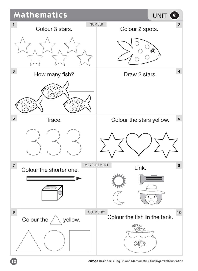 Sample inside page four from Excel Basic Skills English and Mathematics Foundation showing the style of practice activities children work through