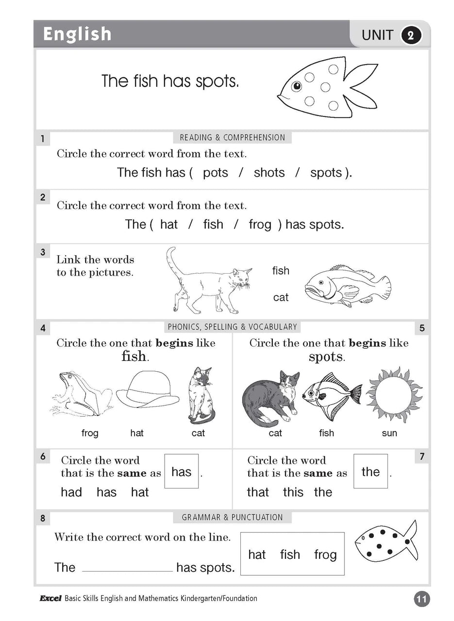 Sample inside page five from Excel Basic Skills English and Mathematics Foundation showing the style of practice activities children work through