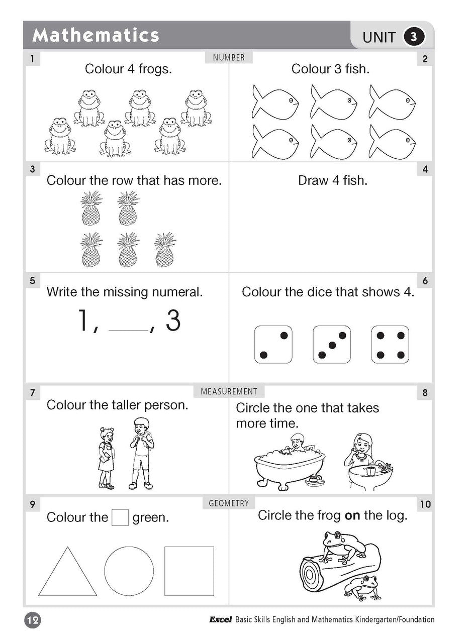 Sample inside page six from Excel Basic Skills English and Mathematics Foundation showing the style of practice activities children work through