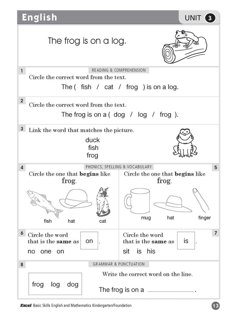 Sample inside page seven from Excel Basic Skills English and Mathematics Foundation showing the style of practice activities children work through