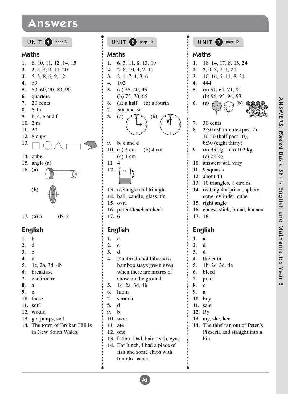 Sample inside page thirteen from Excel Basic Skills English and Mathematics Year 3 showing the style of practice activities children work through