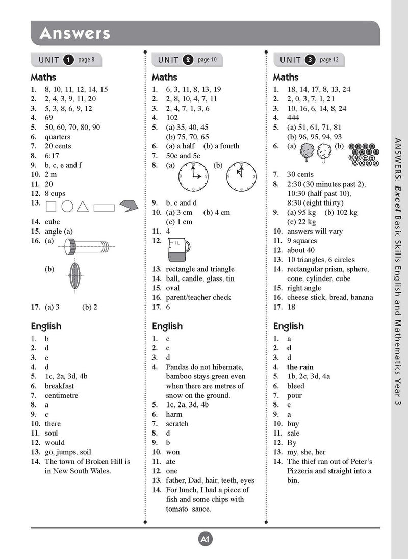 Sample inside page thirteen from Excel Basic Skills English and Mathematics Year 3 showing the style of practice activities children work through