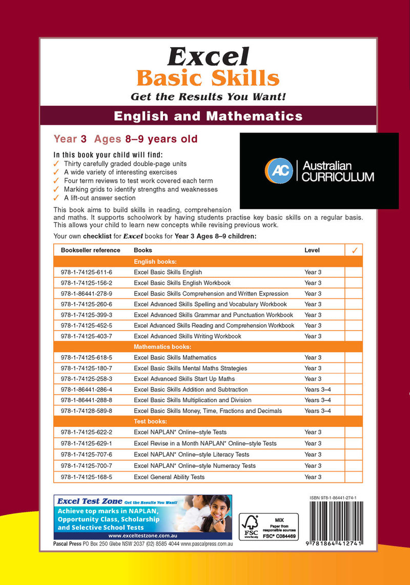 Sample inside page fourteen from Excel Basic Skills English and Mathematics Year 3 showing the style of practice activities children work through