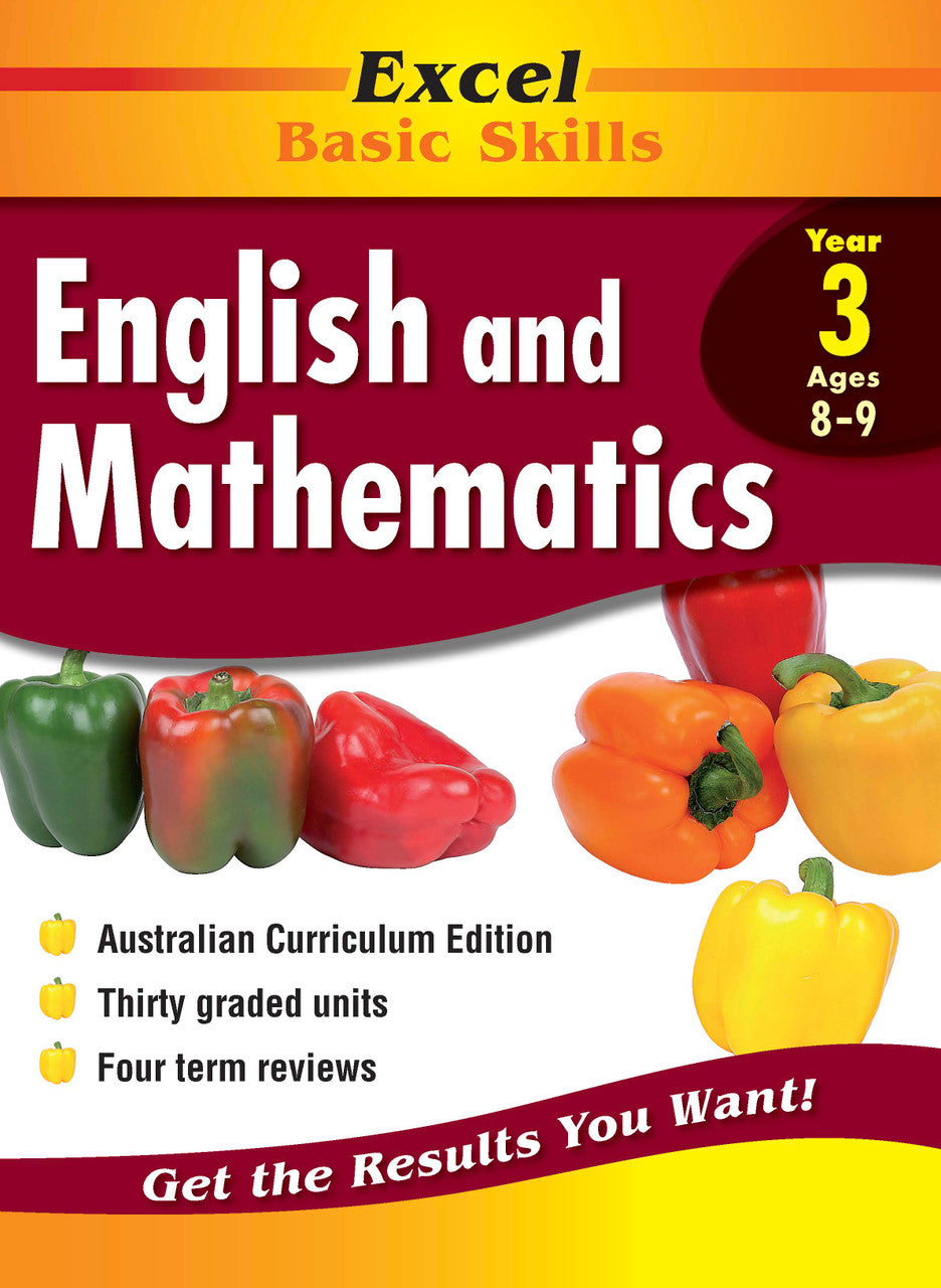 Front cover of Excel Basic Skills English and Mathematics Year 3 from Pascal Press showing the Excel series branding and book title
