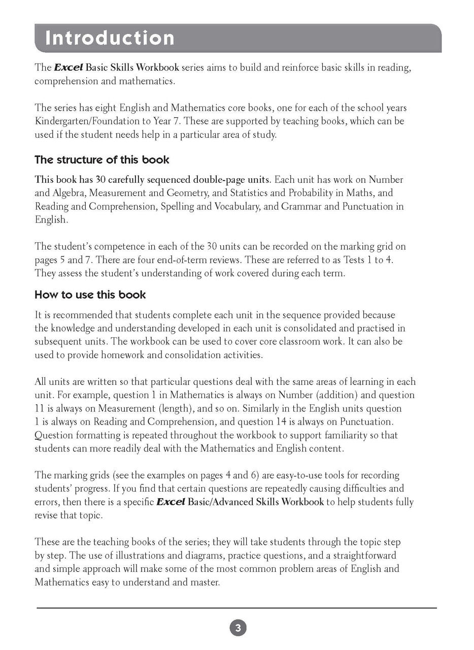 Sample inside page two from Excel Basic Skills English and Mathematics Year 3 showing the style of practice activities children work through