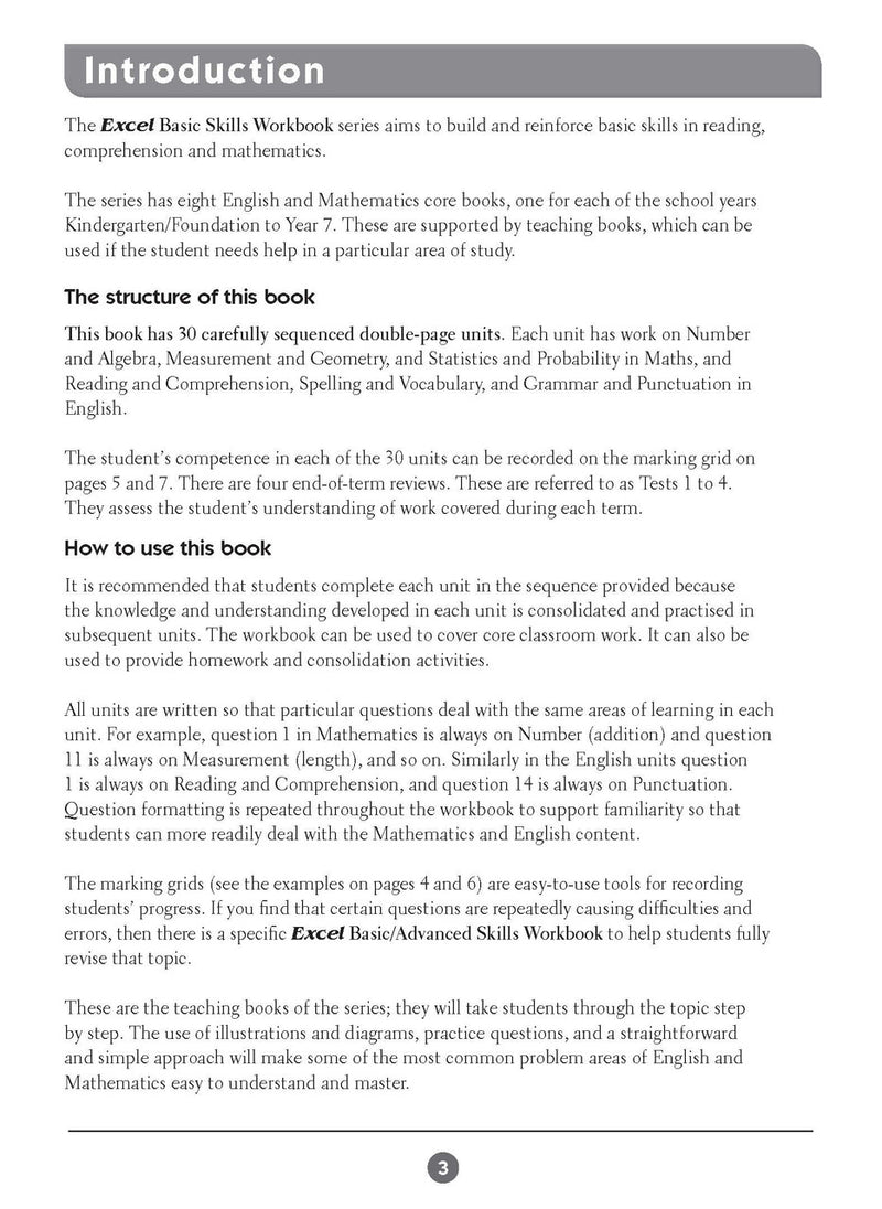 Sample inside page two from Excel Basic Skills English and Mathematics Year 3 showing the style of practice activities children work through