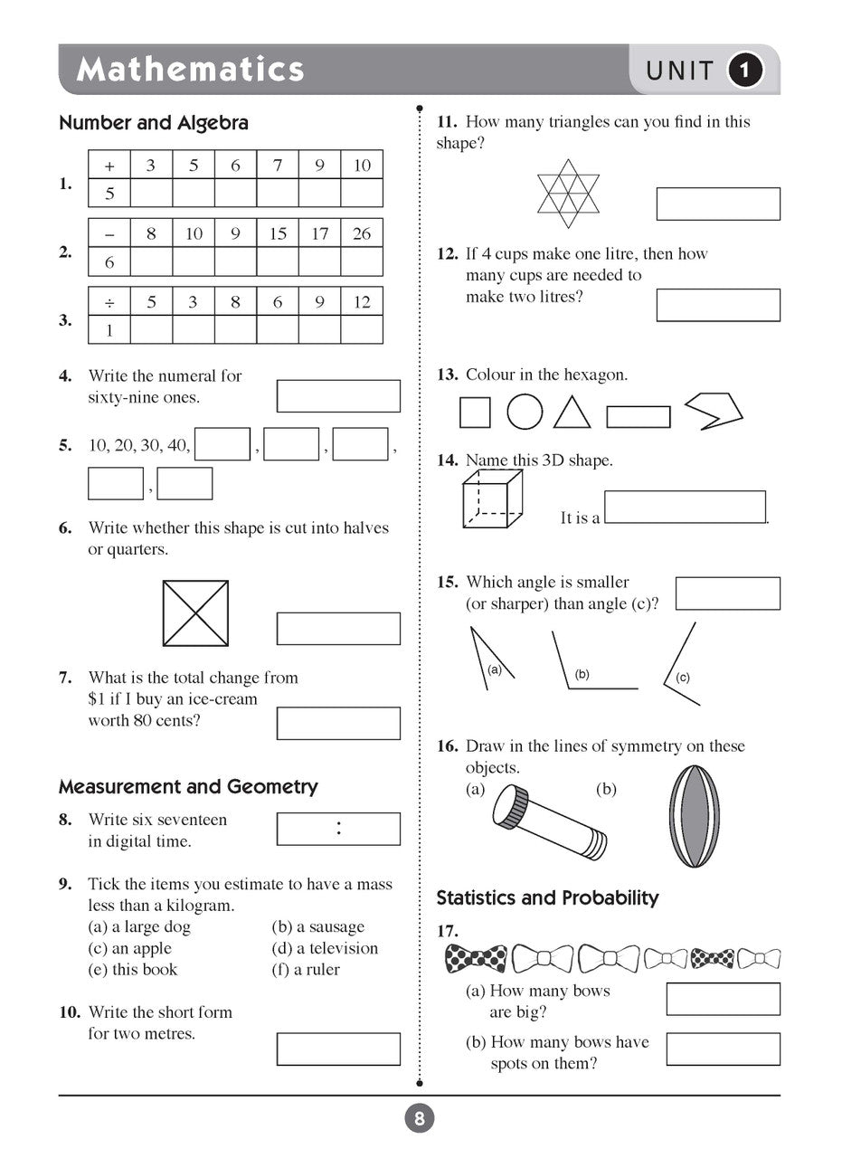 Sample inside page seven from Excel Basic Skills English and Mathematics Year 3 showing the style of practice activities children work through