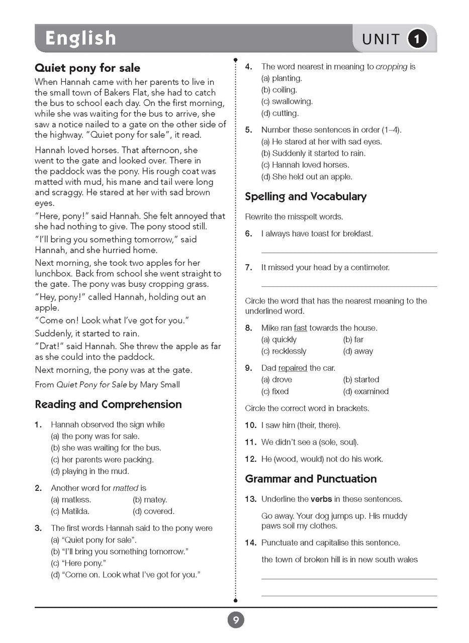 Sample inside page eight from Excel Basic Skills English and Mathematics Year 3 showing the style of practice activities children work through