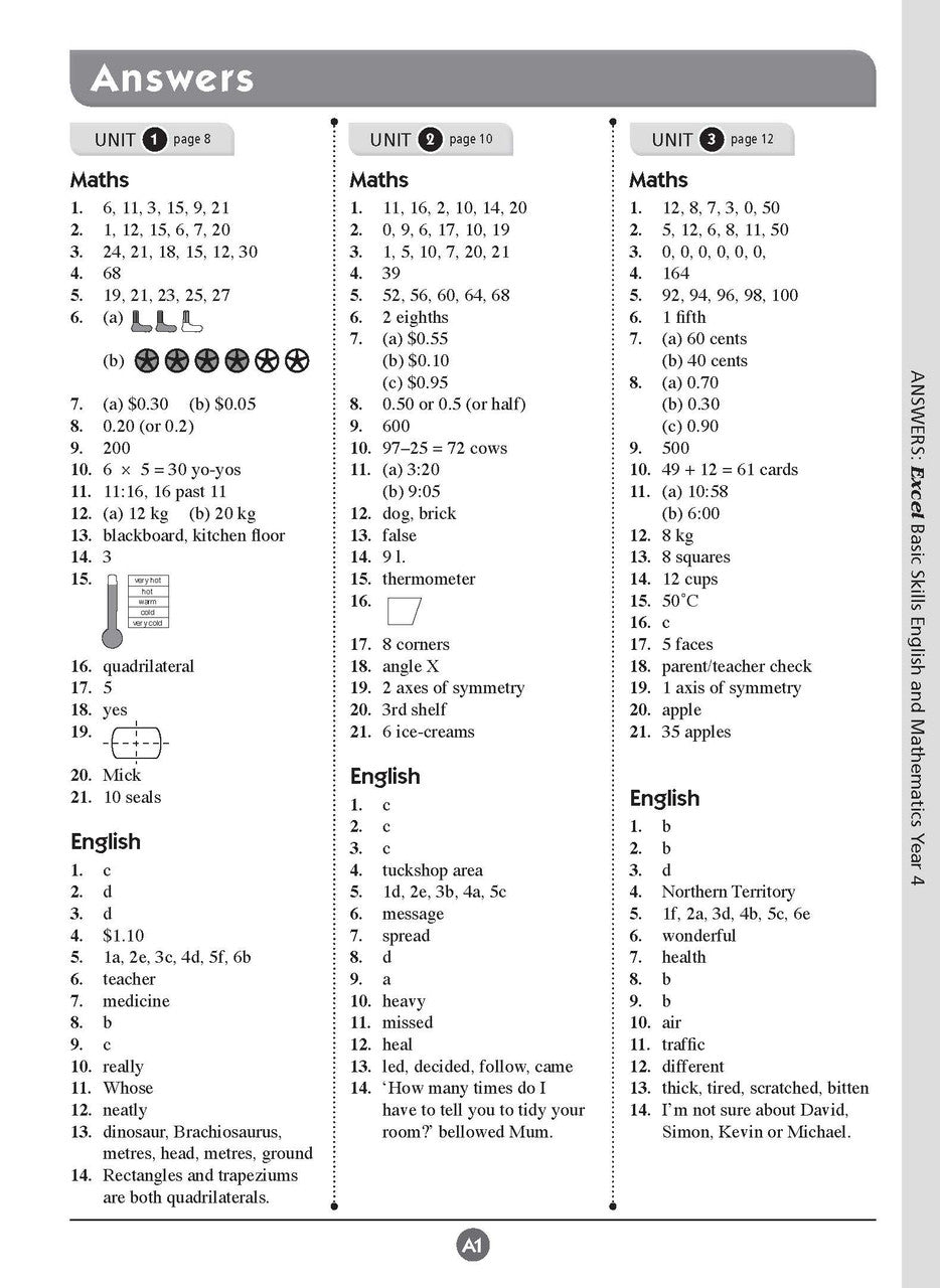 Sample inside page nine from Excel Basic Skills English and Mathematics Year 4 showing the style of practice activities children work through