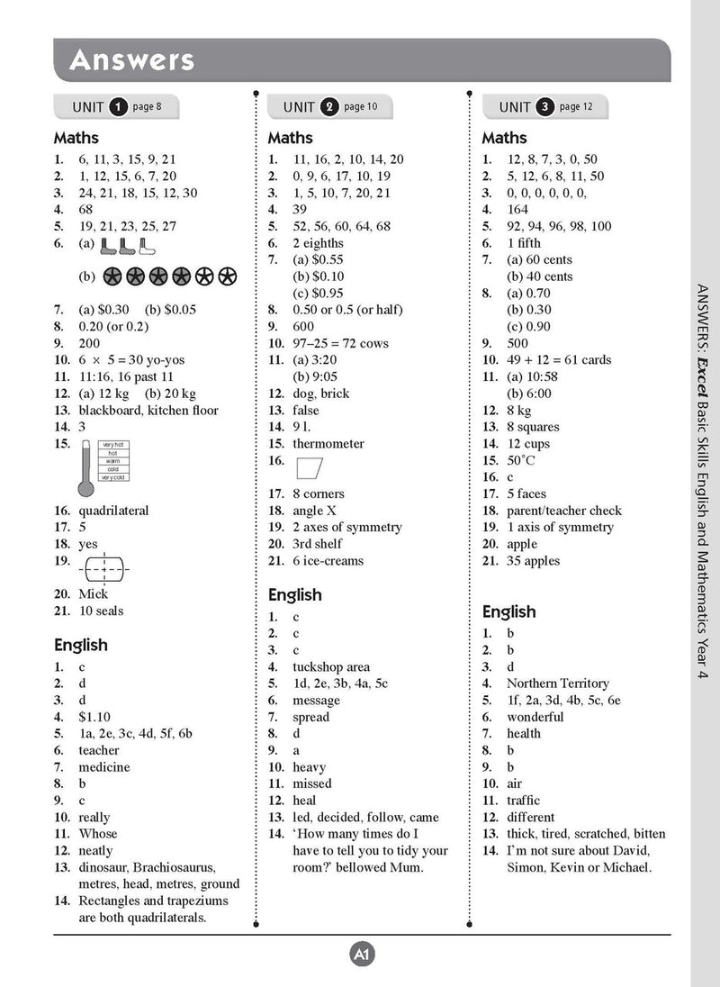 Sample inside page nine from Excel Basic Skills English and Mathematics Year 4 showing the style of practice activities children work through