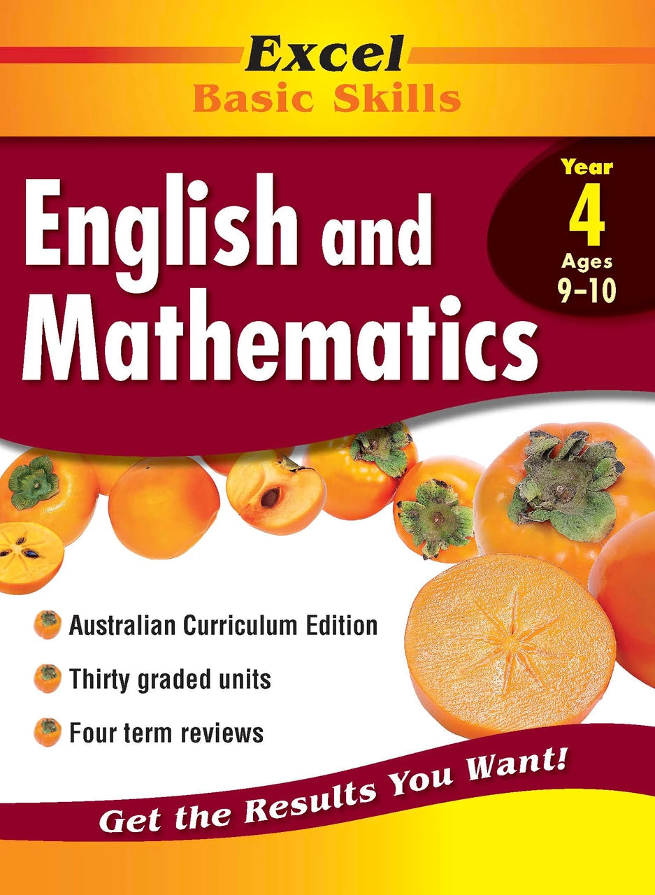 Front cover of Excel Basic Skills English and Mathematics Year 4 from Pascal Press showing the Excel series branding and book title