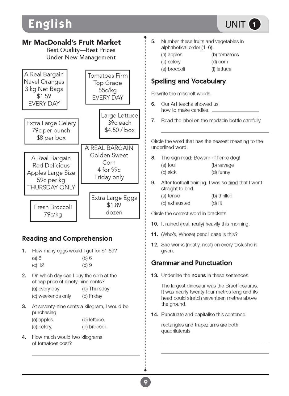 Sample inside page eight from Excel Basic Skills English and Mathematics Year 4 showing the style of practice activities children work through