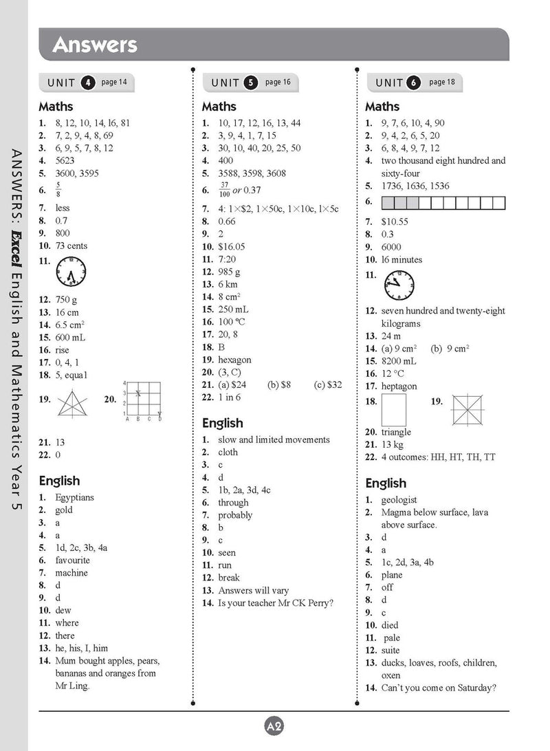 Sample inside page nine from Excel Basic Skills English and Mathematics Year 5 showing the style of practice activities children work through