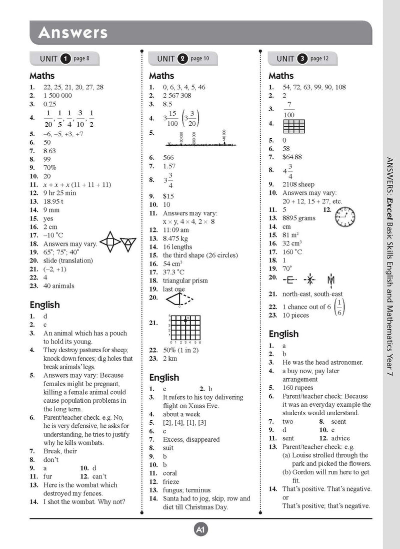 Sample inside page thirteen from Excel Basic Skills English and Mathematics Year 7 showing the style of practice activities children work through