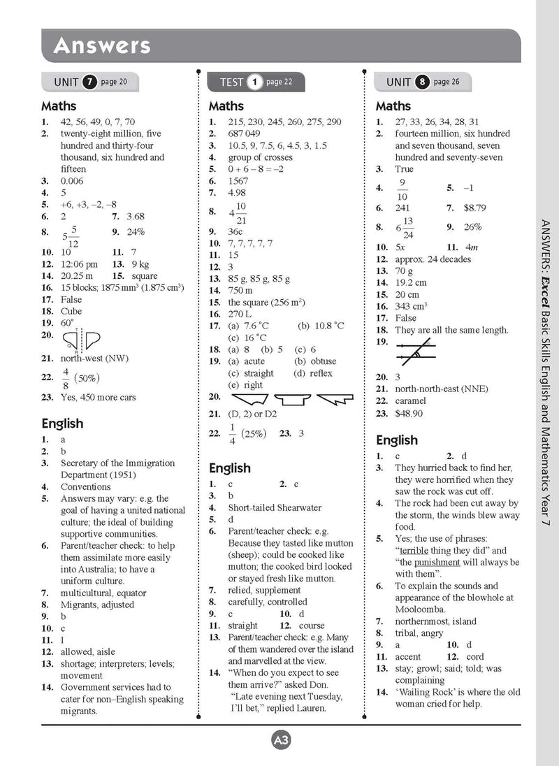 Sample inside page fourteen from Excel Basic Skills English and Mathematics Year 7 showing the style of practice activities children work through