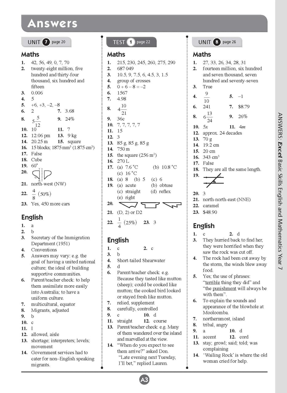 Sample inside page fourteen from Excel Basic Skills English and Mathematics Year 7 showing the style of practice activities children work through