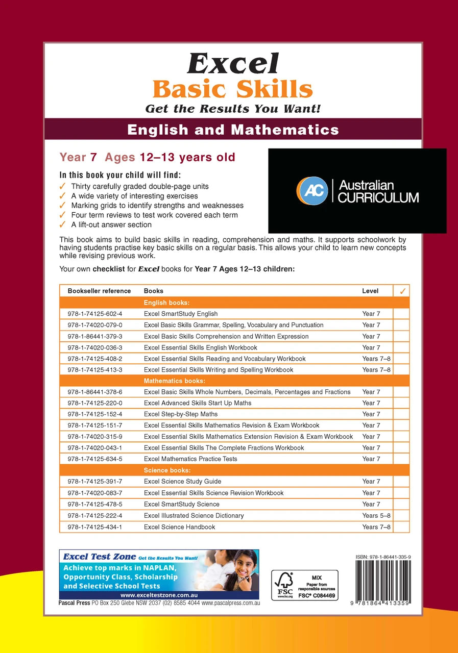 Additional page image from Excel Basic Skills English and Mathematics Year 7 supplied in the publisher gallery, showing more of the book layout