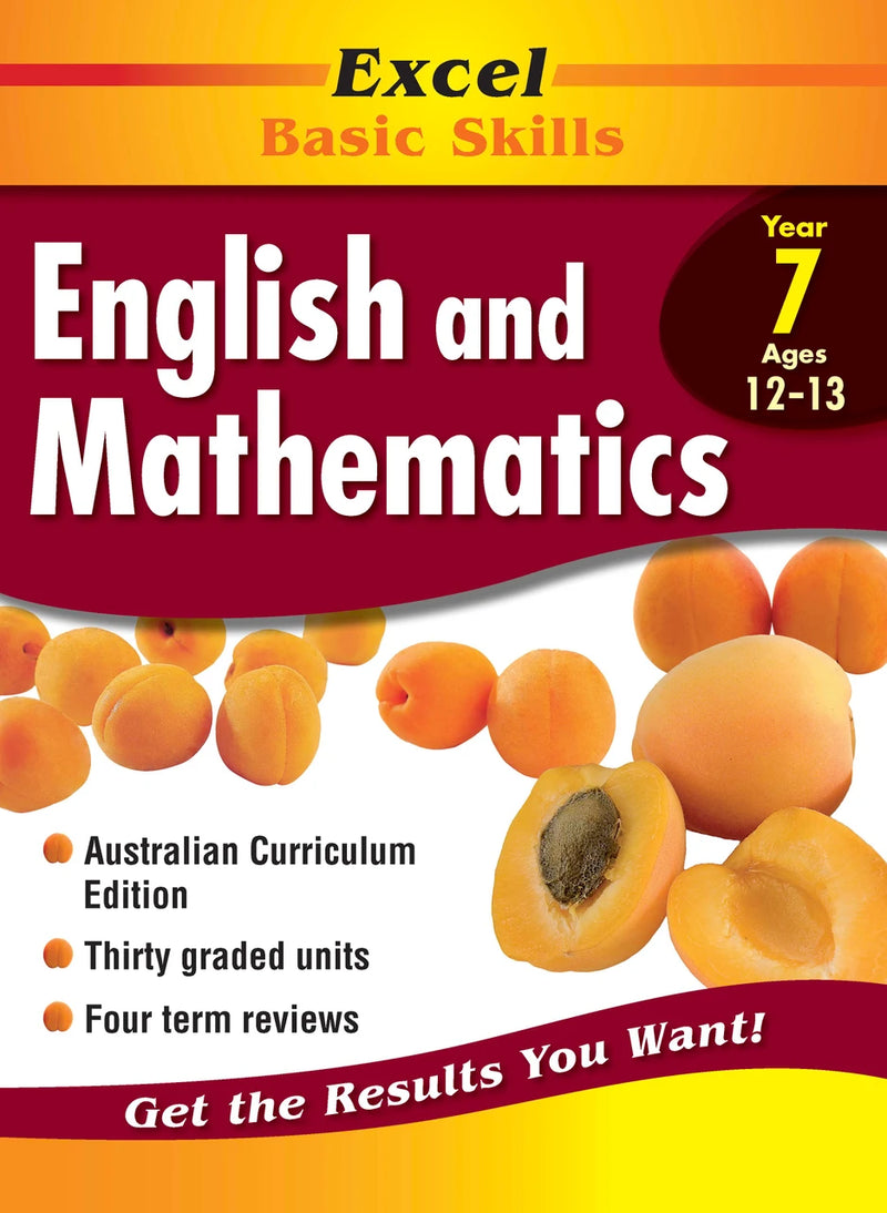 Front cover of Excel Basic Skills English and Mathematics Year 7 from Pascal Press showing the Excel series branding and book title