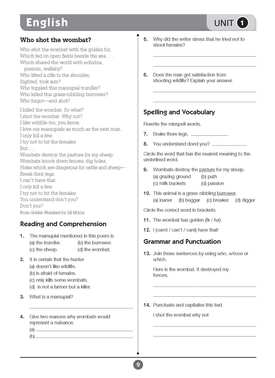 Sample inside page eight from Excel Basic Skills English and Mathematics Year 7 showing the style of practice activities children work through