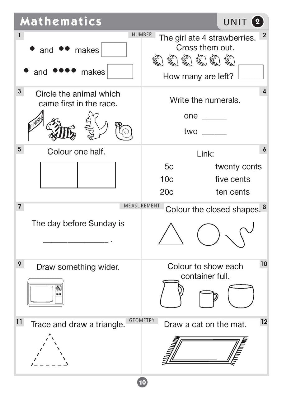 Sample inside page nine from Excel Basic Skills English and Mathematics Year 1 showing the style of practice activities children work through