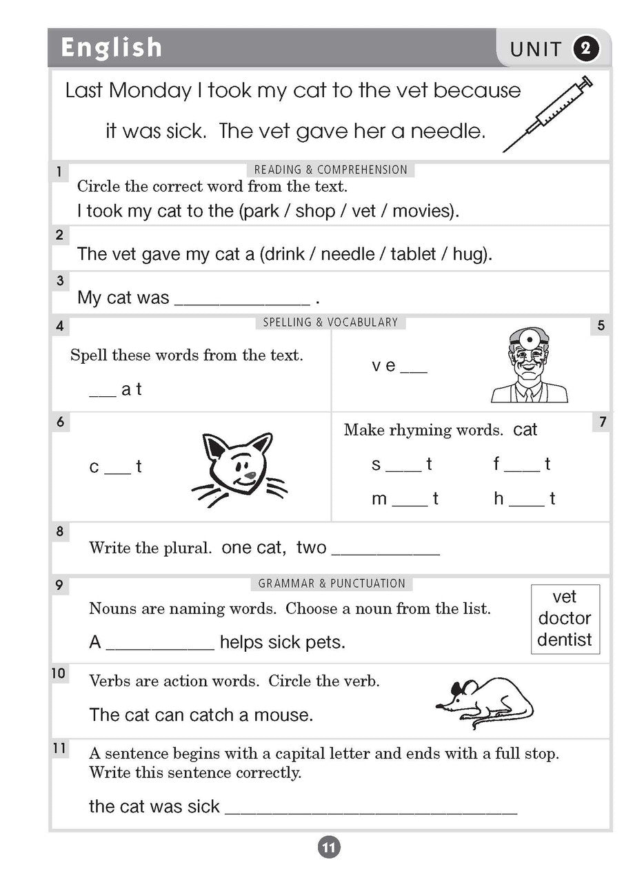 Sample inside page ten from Excel Basic Skills English and Mathematics Year 1 showing the style of practice activities children work through