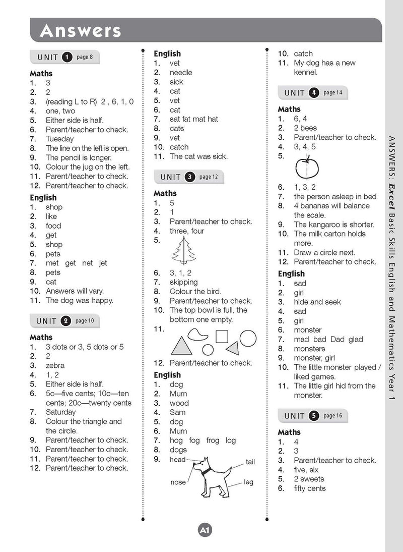 Sample inside page eleven from Excel Basic Skills English and Mathematics Year 1 showing the style of practice activities children work through