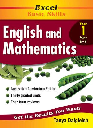 Front cover of Excel Basic Skills English and Mathematics Year 1 from Pascal Press showing the Excel series branding and book title