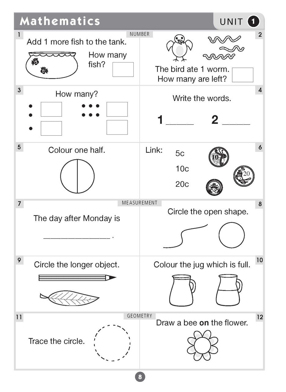 Sample inside page seven from Excel Basic Skills English and Mathematics Year 1 showing the style of practice activities children work through