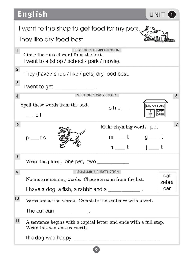 Sample inside page eight from Excel Basic Skills English and Mathematics Year 1 showing the style of practice activities children work through