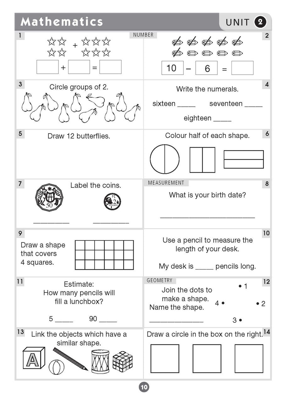 Sample inside page nine from Excel Basic Skills English and Mathematics Year 2 showing the style of practice activities children work through