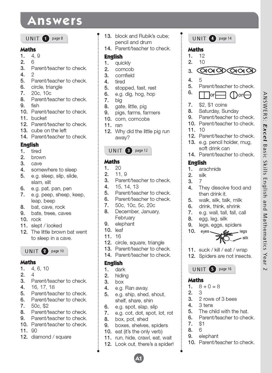 Sample inside page eleven from Excel Basic Skills English and Mathematics Year 2 showing the style of practice activities children work through