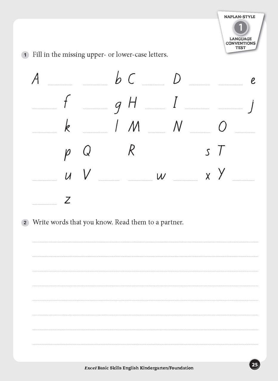 Sample inside page preview from the Excel Basic Skills English Kindergarten/Foundation workbook as shown in the publisher gallery